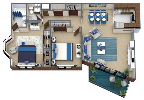 Floor plan for 2 beds, 2 baths, 1000 sqft